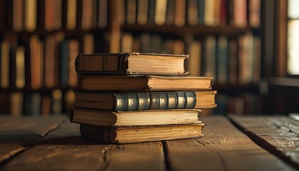 Classic library ambiance with closeup of antique books on wooden table illuminated by soft rays of...