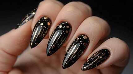 Black stiletto nails with gold and glitter details in a close-up shot. Stylish nail art design for fashion, beauty blogs, and nail salon marketing with a modern aesthetic and copy space for text.