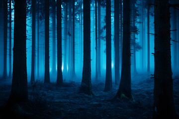 Fototapeta premium Mysterious forest halloween wallpaper at night with fog and light in the dark