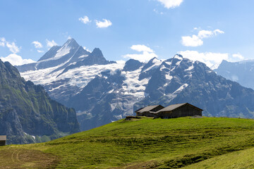 Mountain hut in the Swiss alps, landscape nature background
