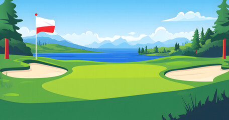 Scenic Golf Course with Flag and Lake View on a Sunny Day