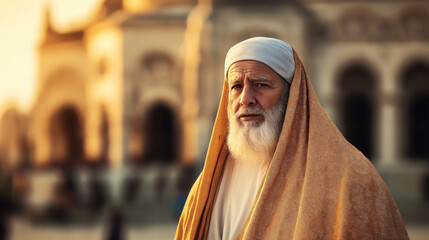 Elderly man wearing traditional clothing and headscarf, standing in front of a historic building with arches in warm sunlight.