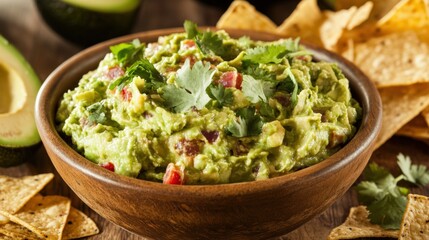 Guac. Creamy Avocado Dip in Bowl with Crunchy Tortilla Chips