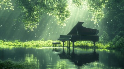 Serenity in Sound: Grand Piano Harmony Amid Morning Light and Floating Music Notes on Green Backdrop - Cinematic Style