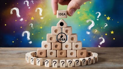 A hand placing the final wooden cube on top of a wooden toy pyramid, with the base surrounded by numerous question marks, symbolizing the idea emerging from many questions.