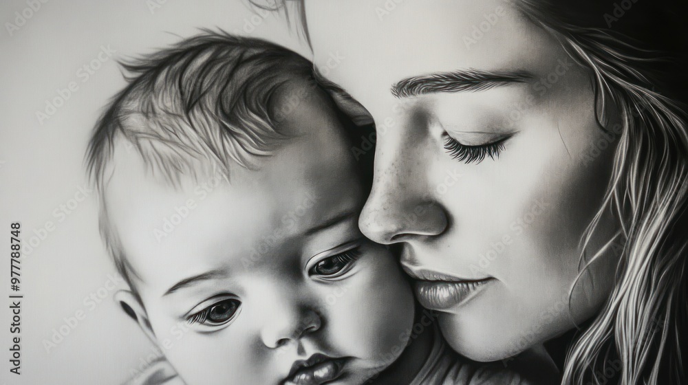 Canvas Prints Black and White Portrait of a Mother and Her Baby