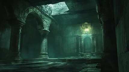 Eerie, dimly lit chamber with stone pillars and a glowing doorway