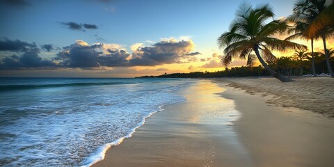 Tropical beach at dusk with gentle waves and lush palm trees
