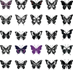Fototapeta premium Set of butterfly silhouette vector illustrations on a white background. Colorful Butterflies clipart set. Party invitation, birthday celebration. Spring, summer decoration.