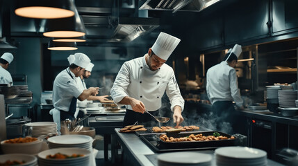Professional chefs in a restaurant kitchen preparing dishes. They are wearing white chef uniforms and hats, working with various ingredients, stovetops, and kitchen equipment.