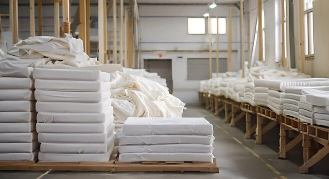 Stack of White Mattress Pads in Factory Setting
