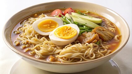 A close-up of a bowl of authentic Korean ramen (ramyeon) with a rich broth, noodles, vegetables, and a soft-boiled egg, presented on a white background to highlight its comforting appeal.