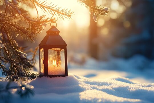 Christmas lantern illuminating snow with fir branches in sunlight   winter decor scene