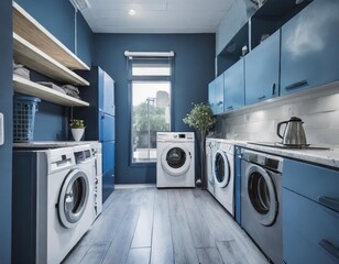 Modern laundry room with sleek appliances and ample storage solutions