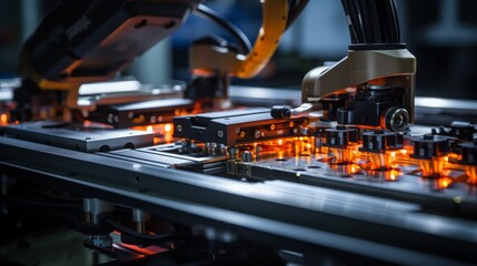 Precision robots in a factory assembling high-end cameras during the evening shift