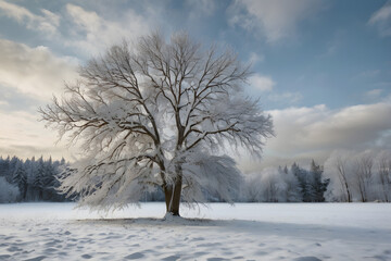 Fototapeta premium Winter road covered in snow, winding through bare, frosty trees