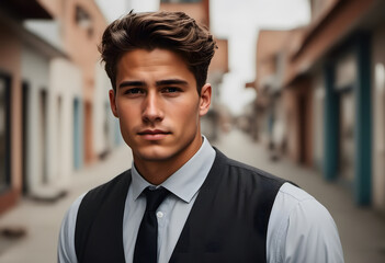 Naklejka premium A young man with stylish hair and a confident expression stands in a narrow street. He wears a formal outfit with a vest and tie, exuding a modern and sophisticated vibe.