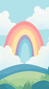Colorful cartoon rainbow arching over a serene landscape with fluffy white clouds and rolling green hills, creating a cheerful and whimsical scene.