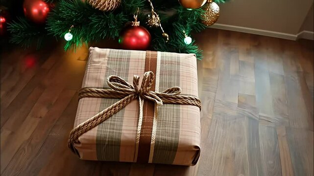 Beautifully wrapped gift with a rustic plaid pattern and rope bow, placed under a decorated Christmas tree, evoking the spirit of holiday giving