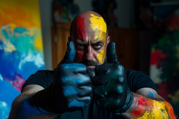 man with black gloves and hard look painted with the colors of his national team, making a positive gesture with his thumbs up looking at the camera., horizontal, spain,