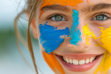 close-up of face of a beautiful young girl with full face painting, pastel colors, smile, green eyes, horizontal, happy, celebration,