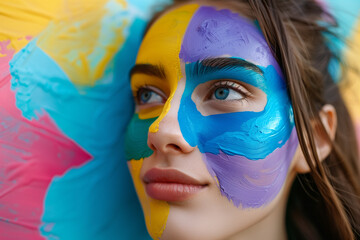 close-up of melancholic looking woman with painted face next to a wall with the same painting pattern, space for text, copy espace, colorful