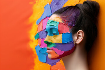 close-up of woman with painted face next to a paren with the same painting pattern, warm background, space for text, copy espace, colorful