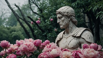 Fototapeta premium Broken ancient statue of a warrior surrounded by pink peonies in a tranquil garden