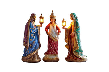 Ceramic nativity scene figurines featuring three wise men holding lanterns. Perfect for Christmas decoration and festive displays.