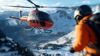 A group of climbers in winter gear is being dropped off by a red helicopter on a snowy mountain with dramatic peaks in the background. The climbers are equipped with helmets and backpacks.