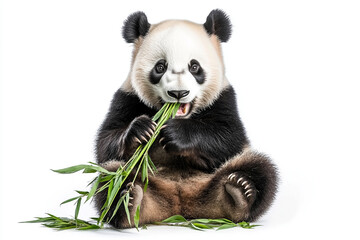 Naklejka premium giant panda eating bamboo isolated on a white background