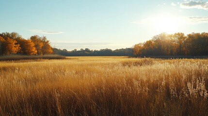 Fototapeta premium Golden autumn grasses sway under a bright sun near a tranquil landscape