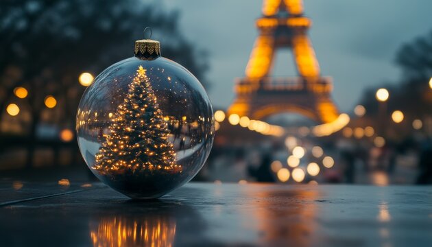 Eiffel tower reflected in a christmas bauble  paris new year s eve celebration concept