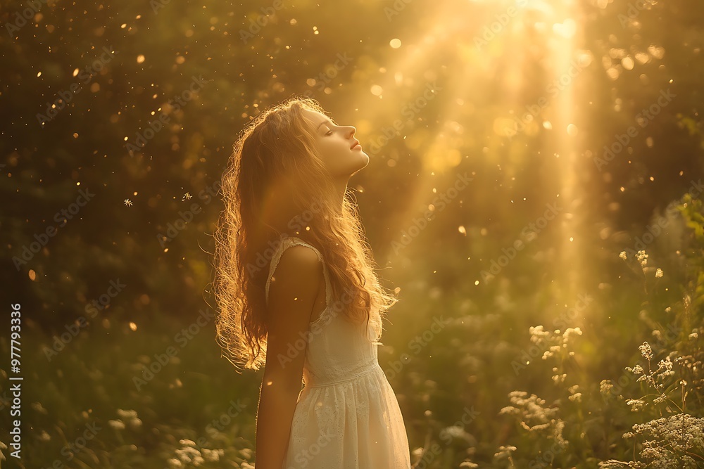 Wall mural Young woman with long hair in white dress standing in golden sunlight, dandelion seeds float in the air.  A sense of peace and joy,  perfect for romantic, whimsical, and nature photography.