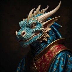 Anthropomorphic blue dragon figure in medieval attire with intricate details on a dark background