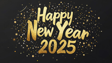 Happy new year 2025 gold text with glitter and stars on black background for festive greeting