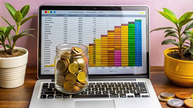 A modern, organized workspace with a small plant, a jar of saved coins, and a budgeting spreadsheet open on a laptop, highlighting financial planning.
