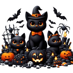 Halloween coal three black cats 3d vector design isolated on white background