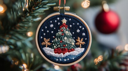 Christmas embroidery decoration featuring a festive tree on a handmade ornament with glowing lights and holiday background on a Christmas tree