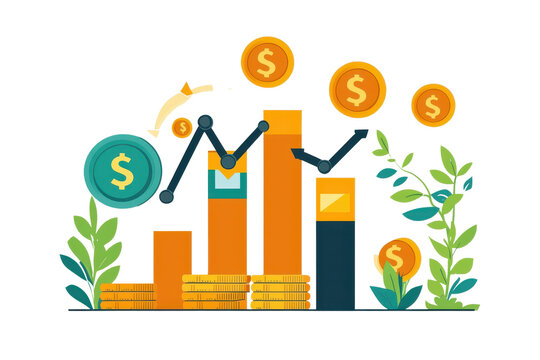 Colorful financial growth illustration depicting bar graphs, coins, and arrows indicating positive economic trends.