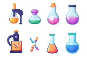 Colorful laboratory equipment icons with beakers, test tubes, flasks, and microscopes, perfect for science, research, and educational purposes.