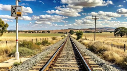 Obraz premium A scenic view of endless railway tracks stretching into the horizon, surrounded by golden fields and a dramatic sky, capturing the essence of travel, adventure, and open landscapes.