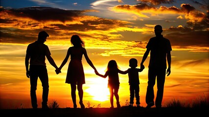 A silhouette of a family holding hands while standing together against a vibrant sunset, symbolizing unity, love, and togetherness in a serene outdoor setting.