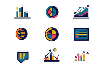 Fototapeta premium Colorful stylized vector icons of graphs and charts representing data analysis and business metrics.