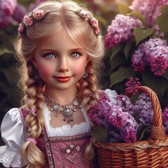 Junges M&auml;dchen in traditioneller Kleidung sammelt Fliederbl&uuml;ten im Fr&uuml;hling