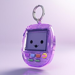 Purple vintage handheld virtual pet toy keychain isolated on a pastel background