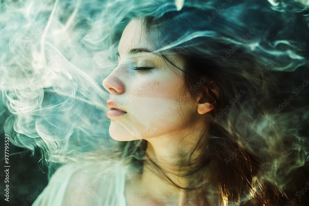 Wall mural Woman in white shirt surrounded by smoke, dreamy and mysterious portrait