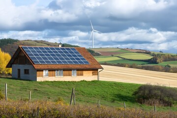 Obraz premium Modern Solar Panels Installed On A Rural Farmhouse, Solar Photography, Solar Powered Clean Energy, Sustainable Resources, Electricity Source, Rural Farmhouse Solar Installation