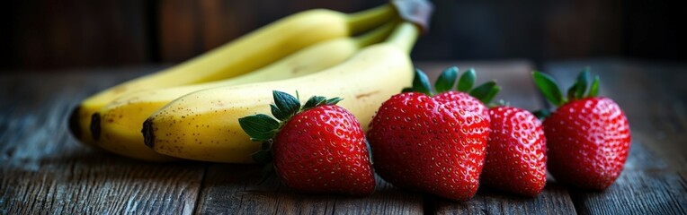 Fresh bananas and strawberries arranged on a wooden table