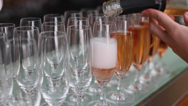 Alcohol setting on catering banquet table, bartender pouring liquor beverages, row line of different colored alcohol drinks on party, glass of wine, sparkling wine on decorated banquet table event